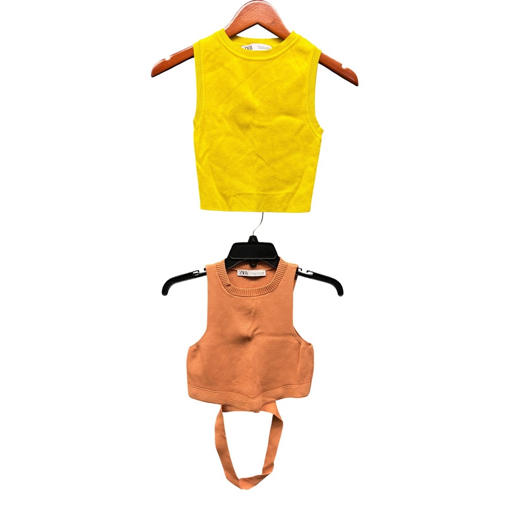 ZARA Womens S Yellow Peach‎ Knit Crop Tank Tops Lot 2 Sleeveless Summer